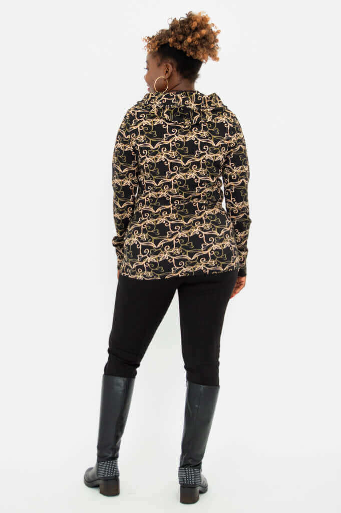 Back view of the hooded jacket with gold vine pattern