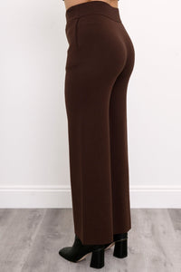 Back view of women's deep cocoa pull-on pants, illustrating a clean, relaxed-fit straight-leg silhouette.