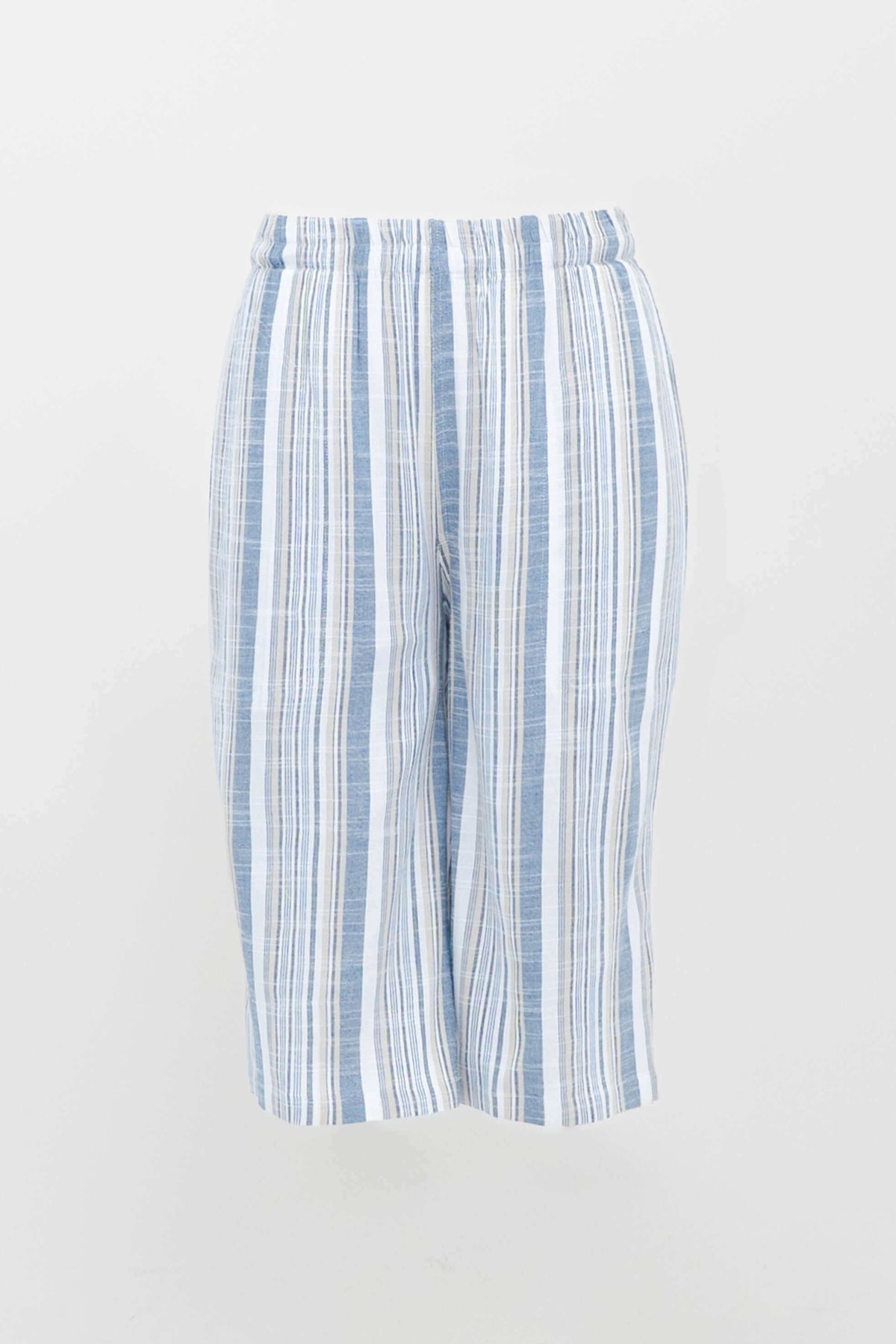 Front view of Bambi Bermuda Shorts in blue and white vertical stripes