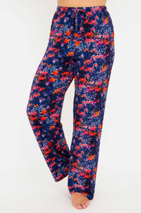 Close-up of bamboo lounge pant in vibrant floral print with drawstring waist