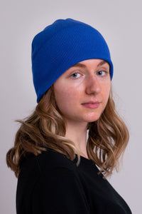 Women's cobalt blue toque bamboo cotton beanie hat.