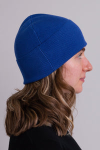 Women's cobalt blue toque bamboo cotton beanie hat.