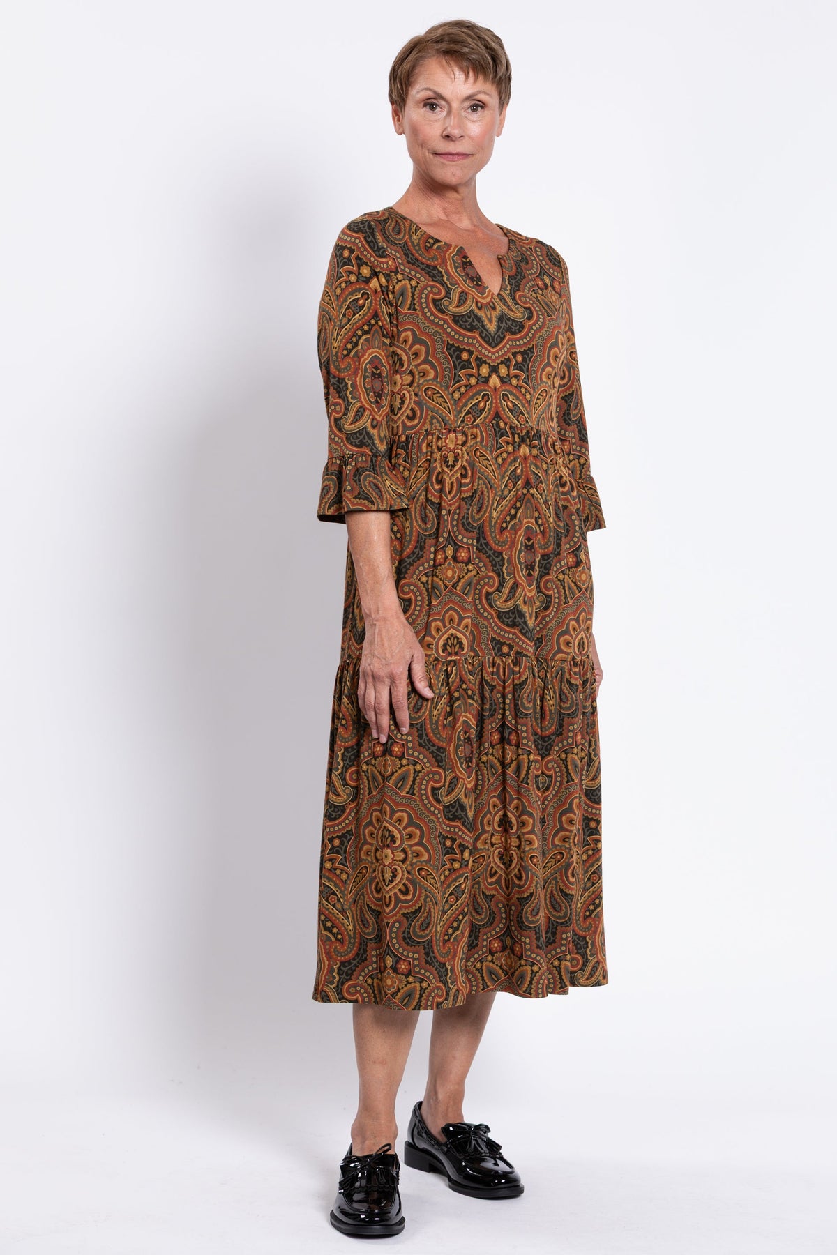 Bernadette Long Dress, Copper Paisley, French Terry