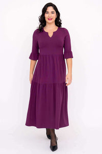 Bernadette Long Dress purple midi with 3/4 sleeves shown from the front