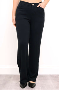 Full front image of black straight leg pants with button closure