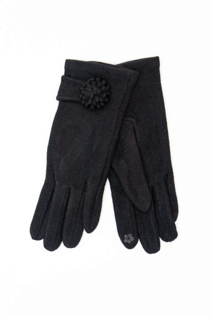 Pair of black wool gloves with a flower accent and touchscreen fingertips