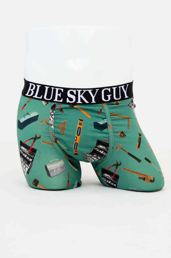 Front view of Blue Sky Guy tool print boxer briefs on a mannequin