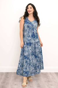 Full outfit with blue botanical V-neck tank top and matching skirt