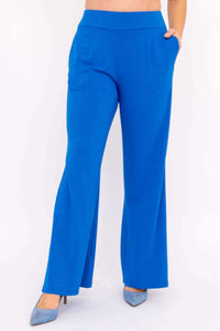 Blue wide-leg pants with side pockets and elastic waistband, front view