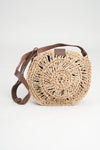 Brown Leather Handle Circle Rattan Purse, Small