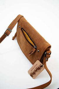Brown leather crossbody bag top view showing zipper and yellow lining