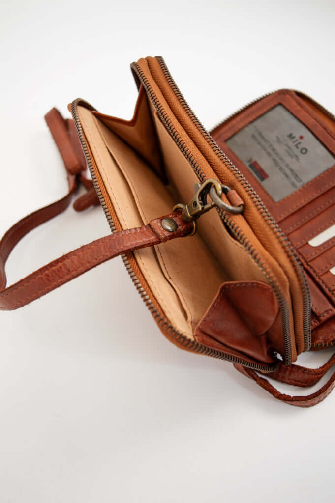 Interior view of brown leather wallet showing card slots and zip compartment