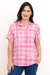 Carolina Blouse, Pink Plaid, Linen Bamboo