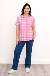 Carolina Blouse, Pink Plaid, Linen Bamboo
