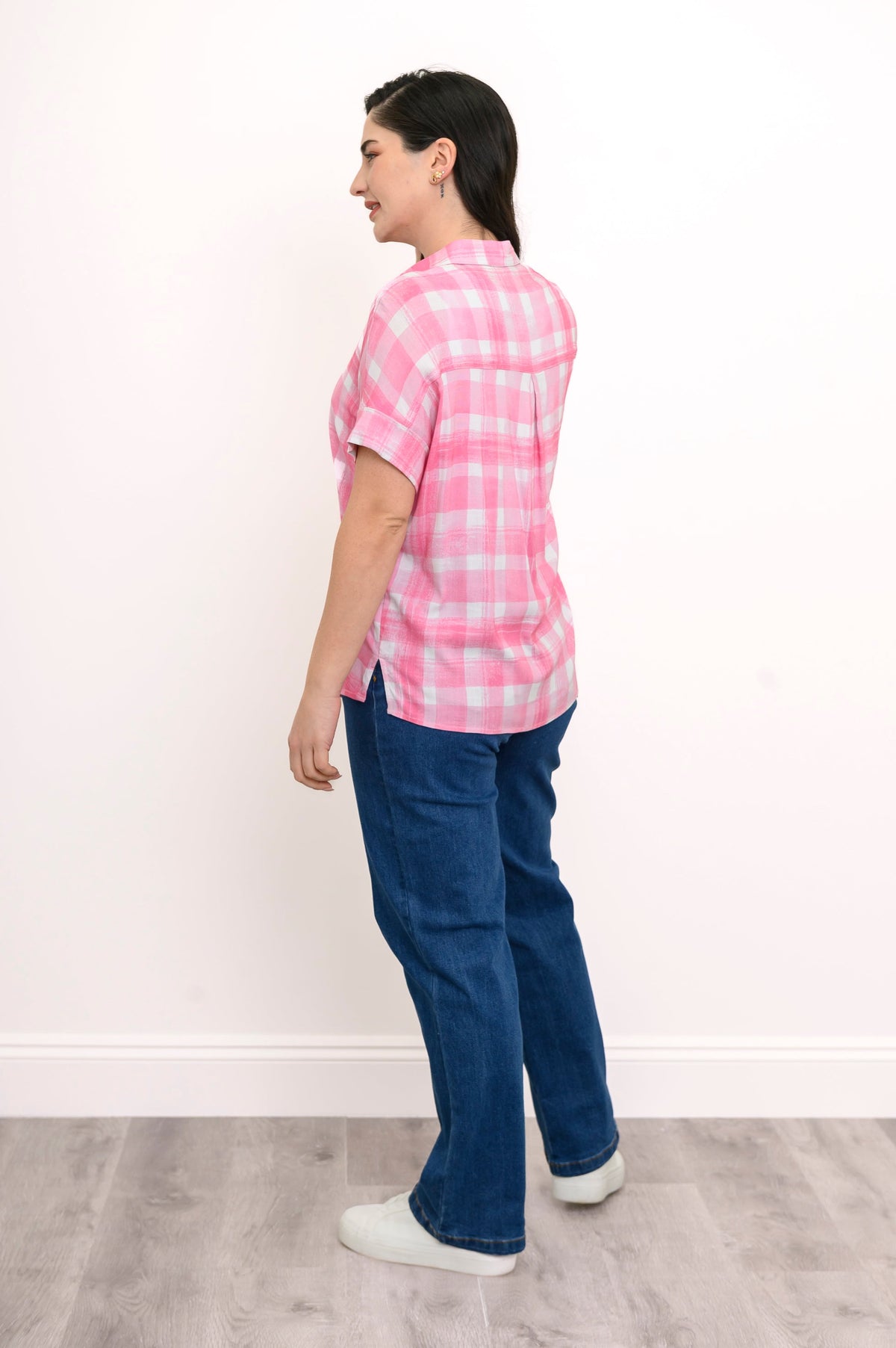 Carolina Blouse, Pink Plaid, Linen Bamboo