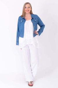 Model wearing white Chantilly Lace Tank and pants with blue denim jacket