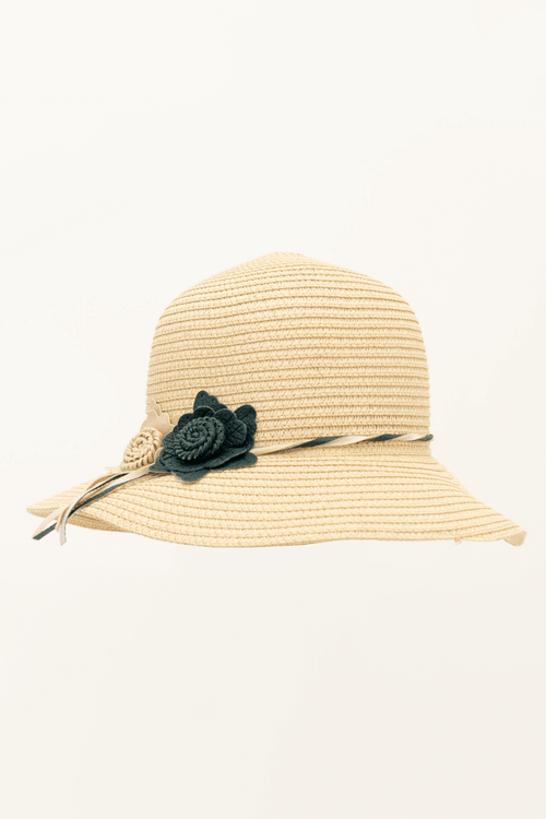 Elegant straw sun hat with decorative black and beige flowers and wide brim