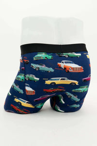 Back view of men's bamboo boxer briefs featuring a retro automobiles design on blue fabric