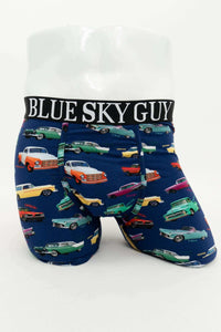 Men’s bamboo boxer briefs with classic car print and BLUE SKY GUY waistband, front view