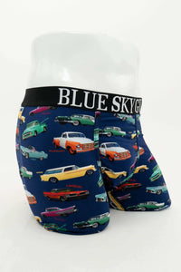 Side view of men's bamboo boxer briefs with colorful vintage car print and wide waistband