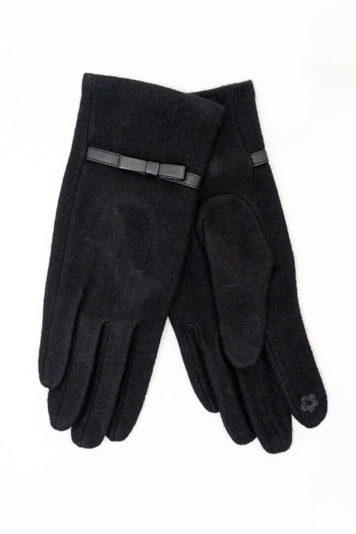 Pair of classic black wool gloves with a chic bow detail