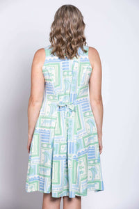 Close-up back view of the Arden dress highlighting the tie belt and fabric pattern