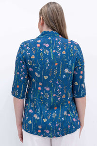 Close-up back view of blue floral bamboo linen blouse