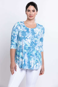 Close-up front view of blue haze print bamboo top and scoop neckline