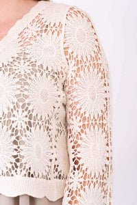 Close-up detail of crocheted floral pattern on cream cotton cardigan sleeve and body