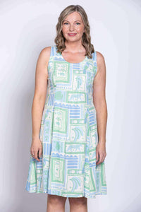 Close-up front view showing scoop neckline and print on Arden dress