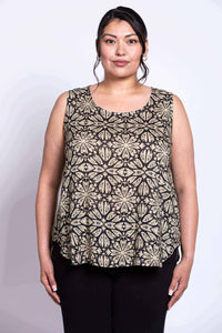 Close-up front view of model wearing black floral sleeveless tank top
