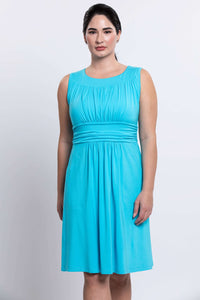 Front view close up of aqua blue ruched dress with fitted waistband