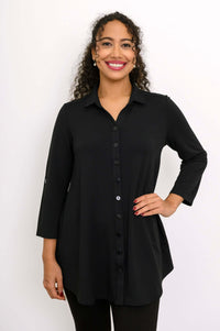 Close up of woman smiling in black bamboo French terry blouse-jacket