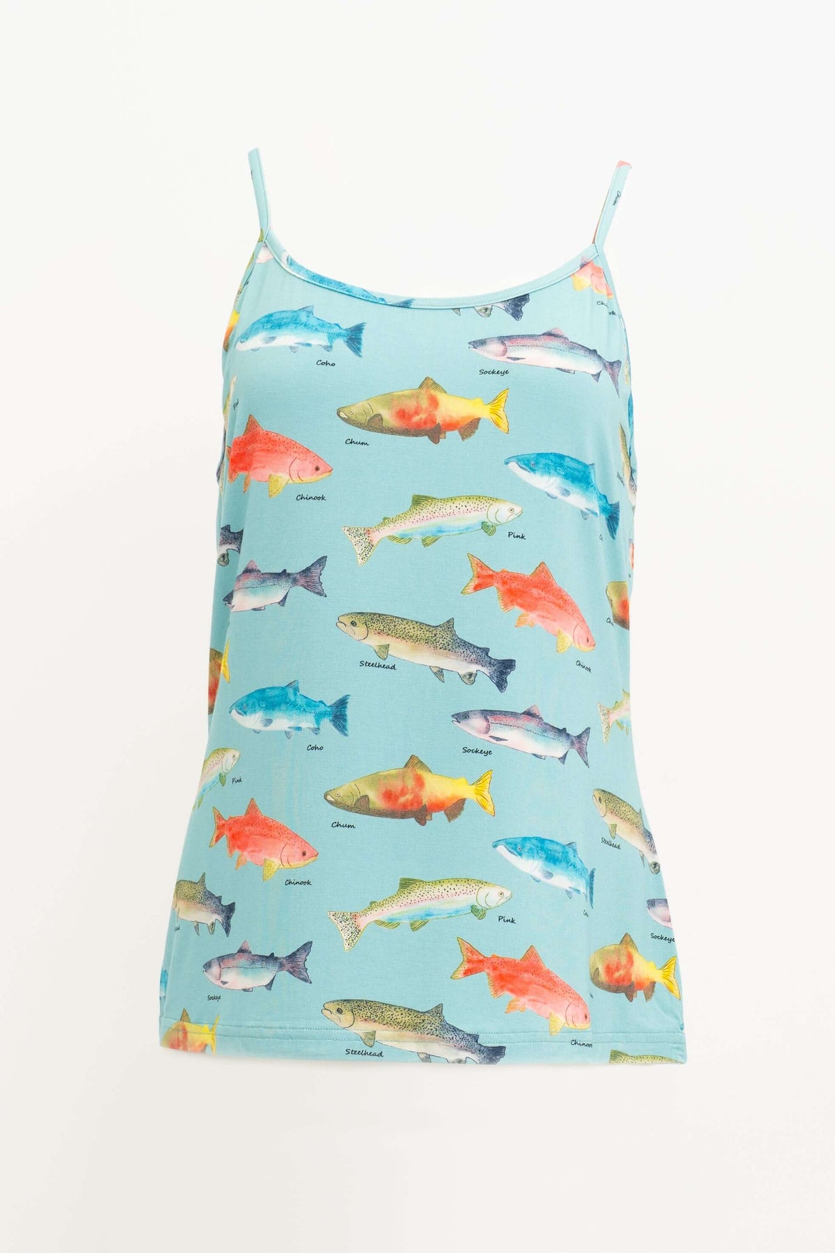 Aqua tank top with colorful illustrated fish and spaghetti straps