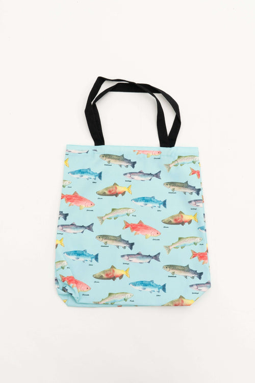 Reusable cotton canvas tote bag with colorful fish illustrations and black handles