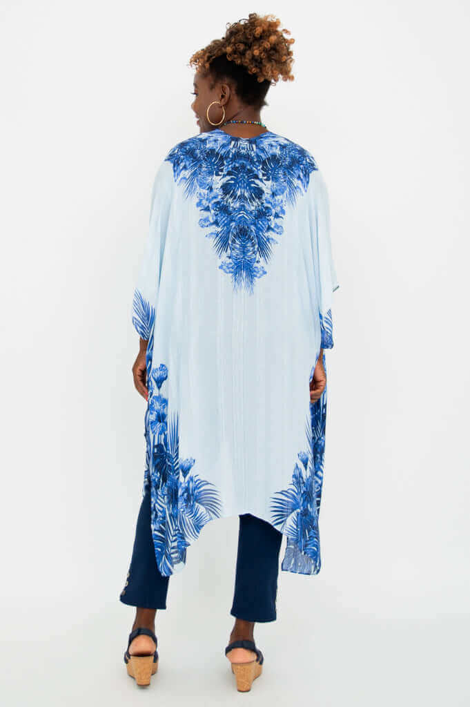 Back view of Darcy kimono wrap featuring indigo palm print