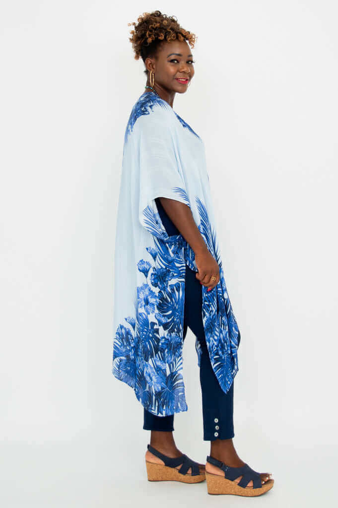 Side view of woman in Darcy indigo palm kimono wrap