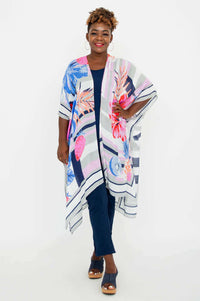 Model wearing Darcy floral kimono wrap with hand on hip