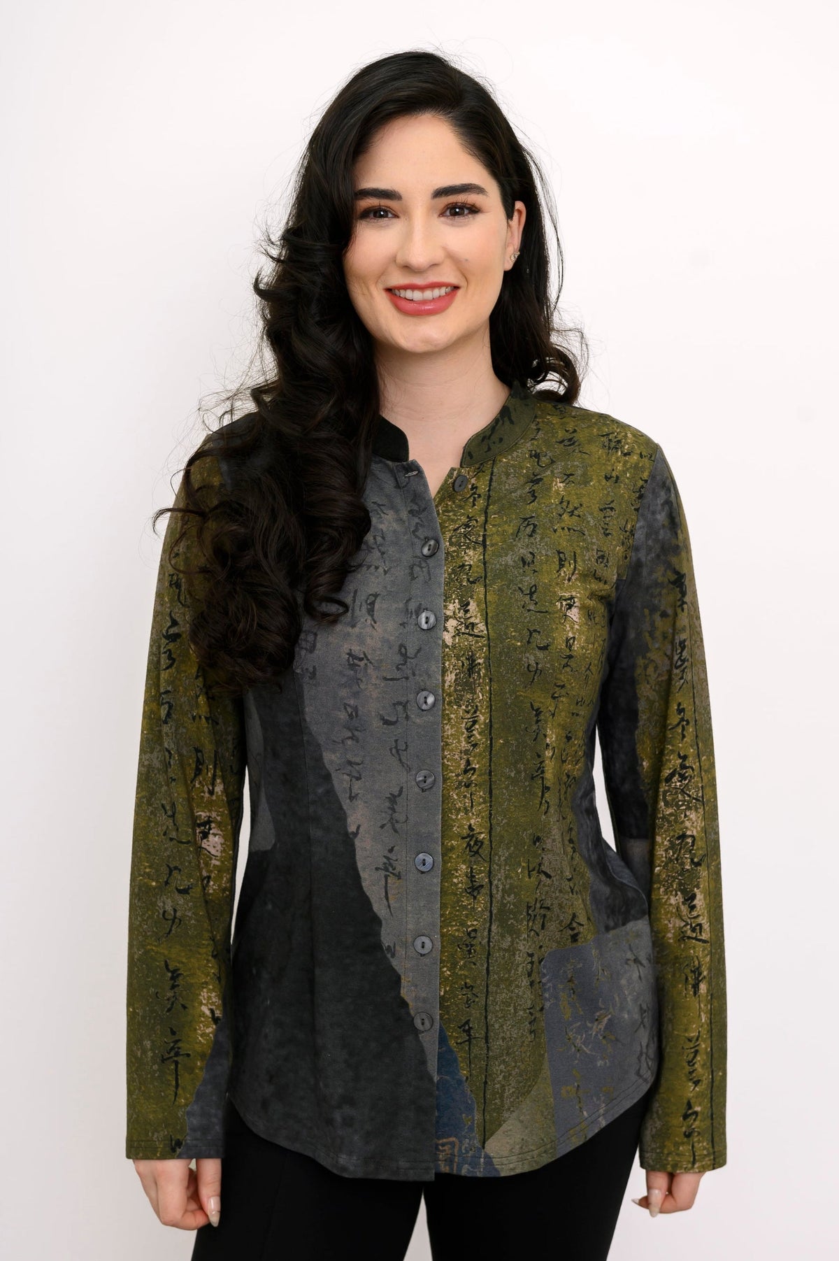 Front view of a tailored patterned bamboo shirt featuring a mandarin collar and button-down front.