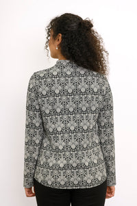 Back view of a grey floral bamboo shirt showing the clean paneled structure across the shoulders and waist