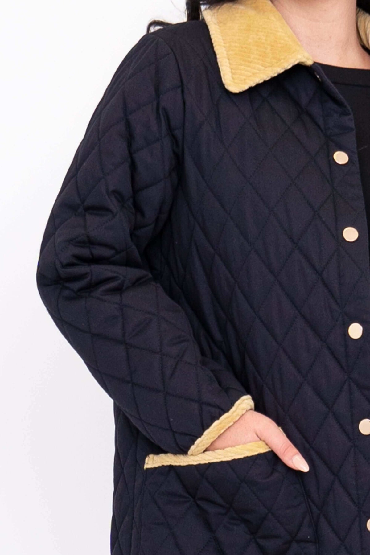 Close-up of sleeve, pocket, and corduroy trim on black quilted coat