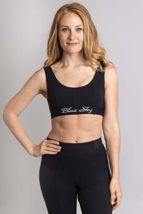 Women's black workout bra made with all sustainable and natural fibers for ideal comfort and support.