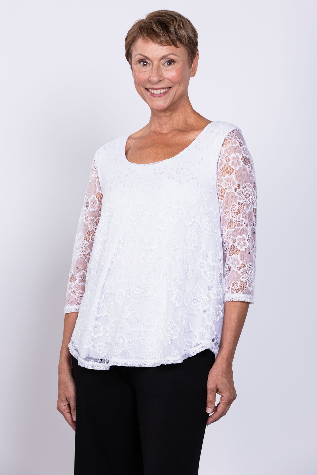 Ellen 3/4 Sleeve Top, White, Bamboo Lace