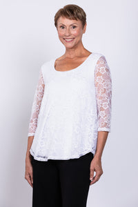 Ellen 3/4 Sleeve Top, White, Bamboo Lace