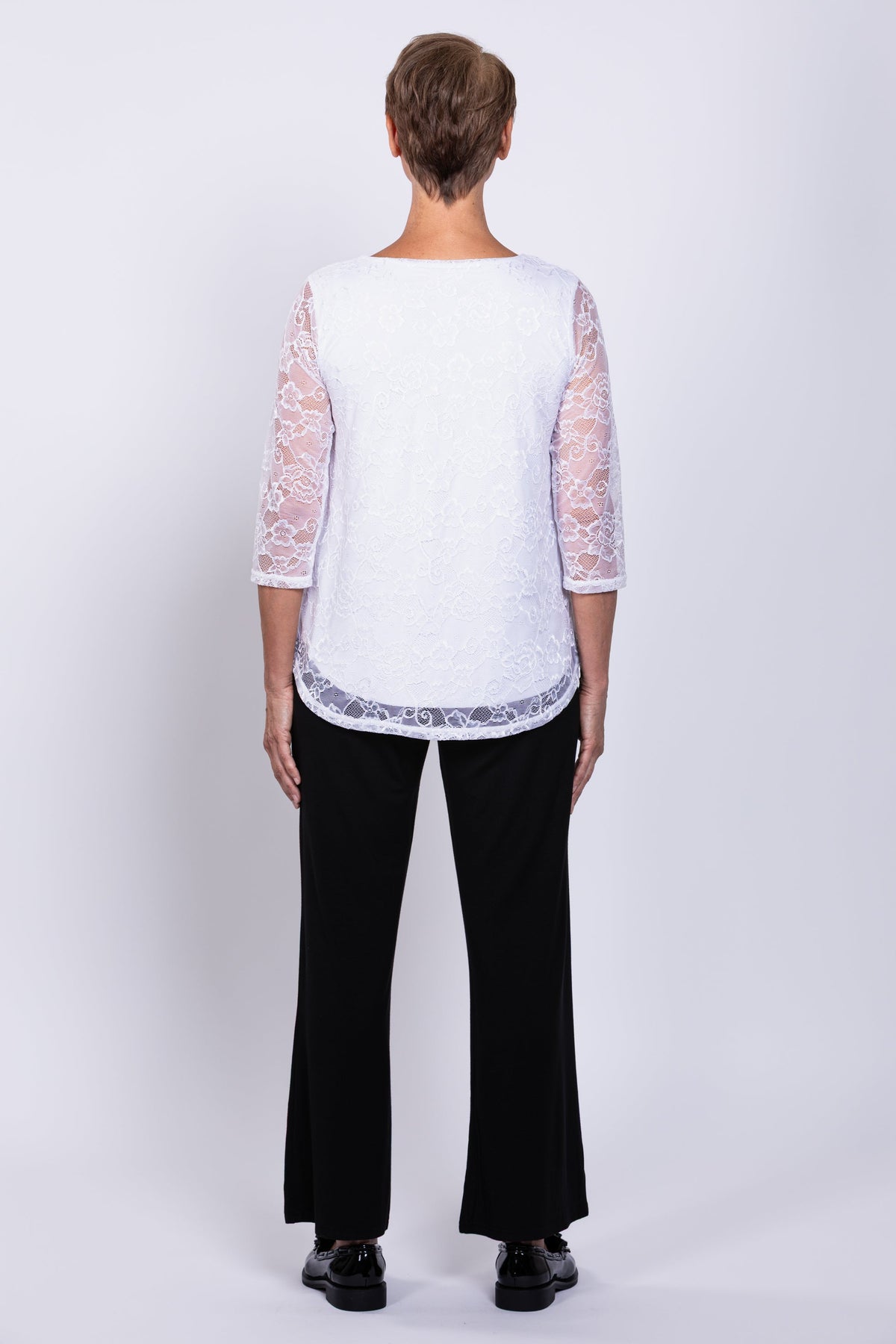 Ellen 3/4 Sleeve Top, White, Bamboo Lace