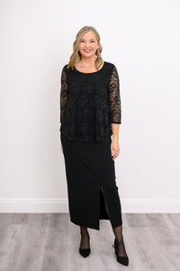Ellen 3/4 Sleeve Top, Black, Bamboo Lace
