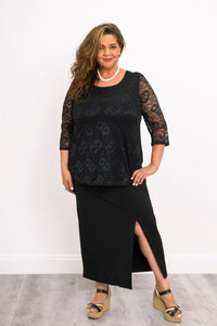 Ellen 3/4 Sleeve Top, Black, Bamboo Lace