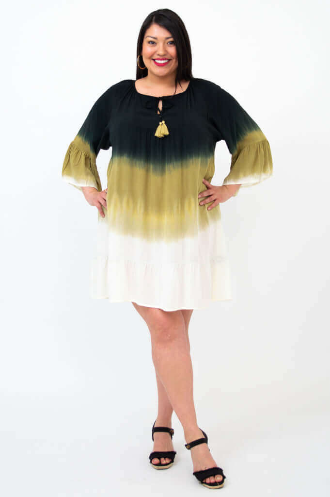 Ellie Dress displayed from the front, highlighting flowy fabric and above-knee length