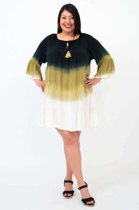 Ellie Dress displayed from the front, highlighting flowy fabric and above-knee length