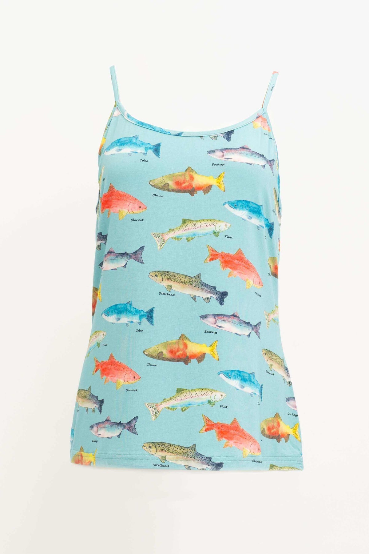 Blue bamboo tank top with colorful fish print and thin spaghetti straps
